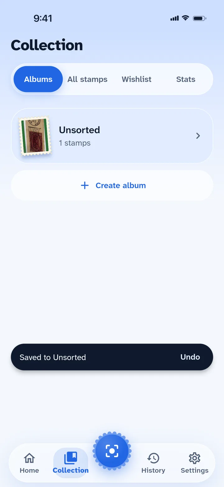 Collection screen with albums, all stamps, wishlist and stats tabs