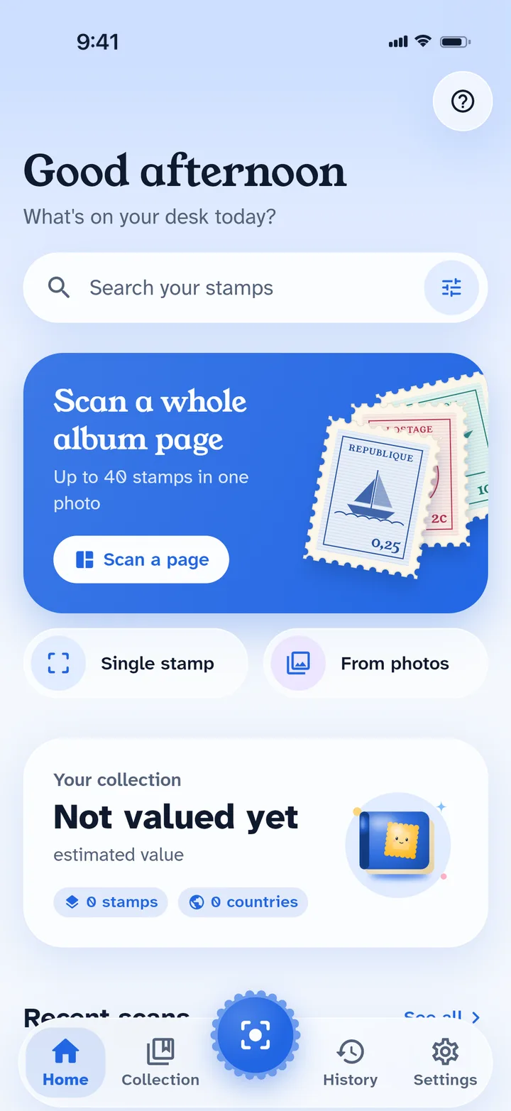 Stamp Lens home screen with a Scan a whole album page card, single stamp and photo import buttons